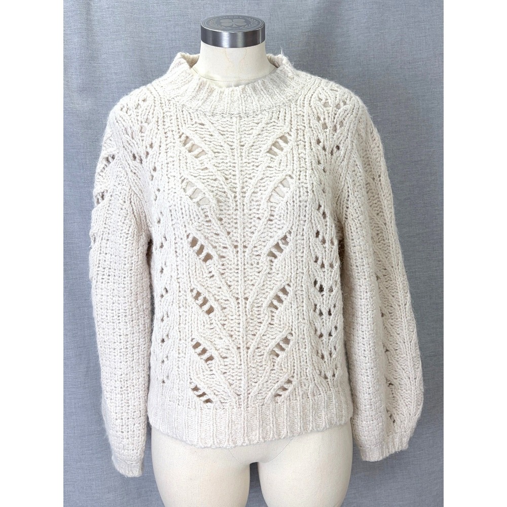 J.Crew Point Sur Sweater M Cream Pointelle Mock Neck Alpaca Wool Blend Balloon